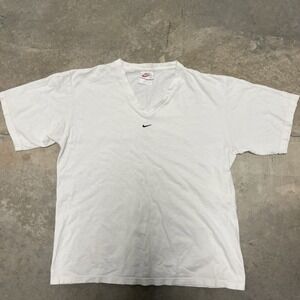 VTG Nike Mens Shirt M Made USA White Center Swoosh V-Neck Logo Embroidered 90s